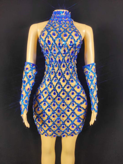 Neil Toni Short Dress Blue Gloves Included  Lycra Non See-through Delayed 5 Days