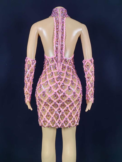 Neil Toni Short Dress Pink Gloves Included Lycra Non See-through Delayed 5 Days