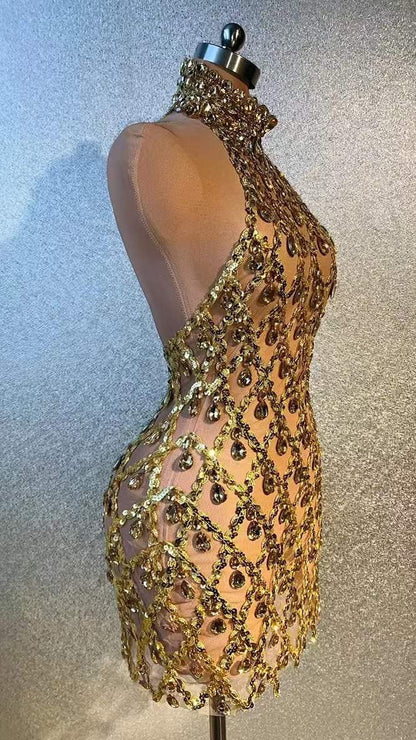 Neil Short Dress Gold Lycra Non See-Through Delayed 5 Days