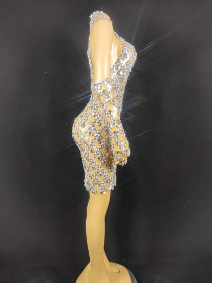 Neil Toni Short Dress Silver Gloves Included  Lycra Non See-through Delayed 5 Days