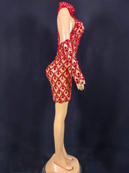 Neil Toni Short Dress Red Gloves Included Lycra Non See-through Delayed 5 Days