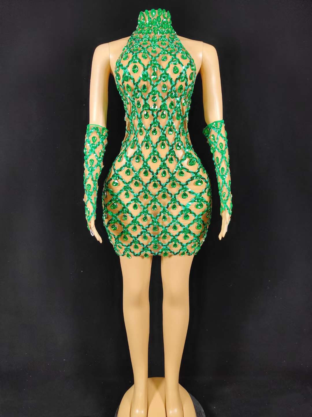 Neil Toni Short Dress Green Gloves Included  Lycra Non See-through Delayed 5 Days