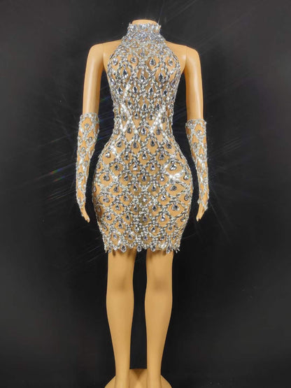 Neil Toni Short Dress Silver Gloves Included  Lycra Non See-through Delayed 5 Days